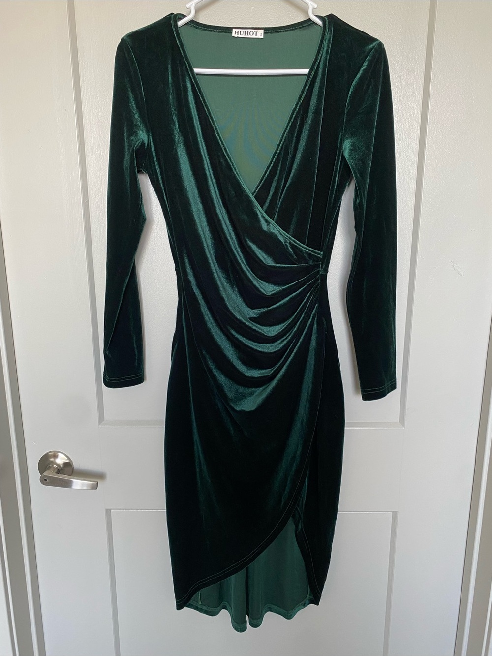 HUHOT Women’s Emerald Green Velvet Long Sleeve Wrap V Neck Midi Dress Small